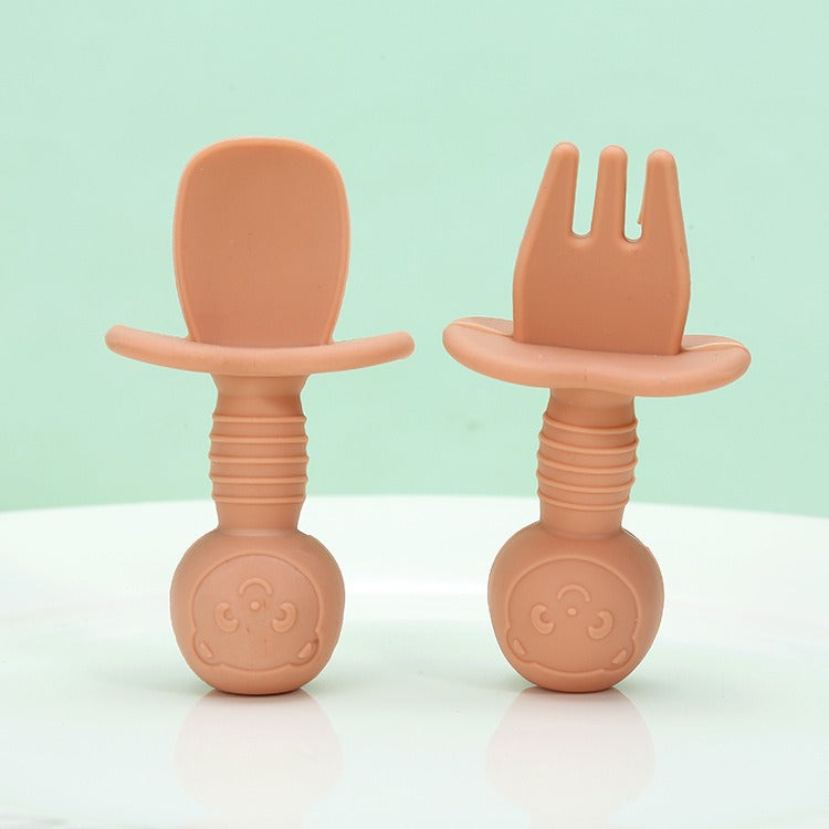 Licking Spoon for Baby Learning to Eat Training Spoon Short Handle Baby Supplementary Food Silicone Soft Spoon Fork Spoon Tableware 2-piece Set